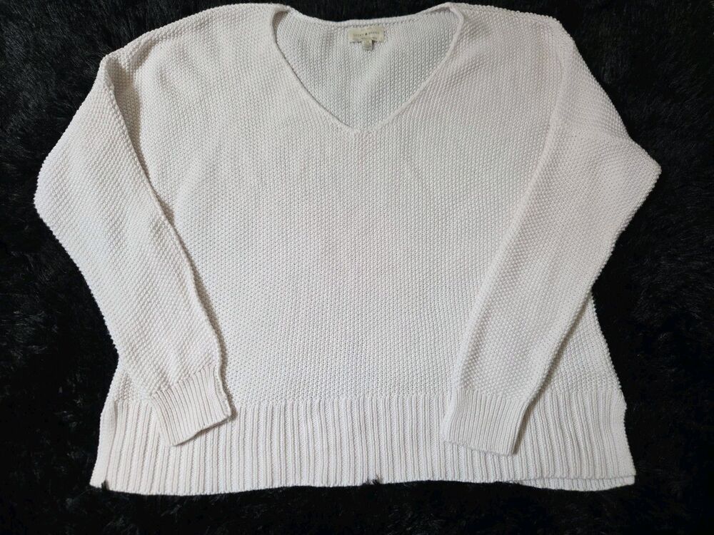 Lucky Brand Womens Sweater Size L Large White V Neck Textured Knit Pullover